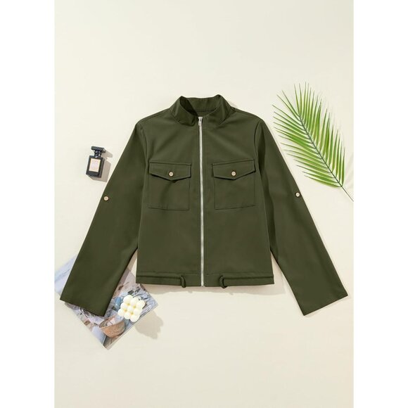 Women's Lightweight Cropped Zip Up Jacket with Pockets and Drawstring Hem - Picture 5 of 5